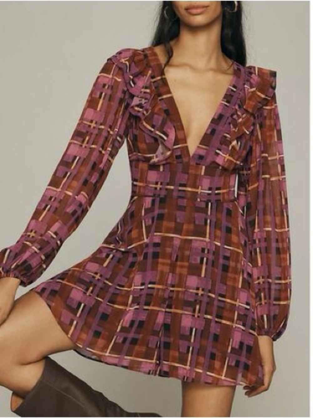HUTCH Long-Sleeve Romper – Pink & Brown Deep V-Neck (Women’s)